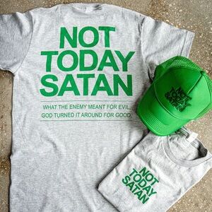 Not Today Satan Adult Box T-Shirt & Kelly Green Trucker Hat Bundle NWT